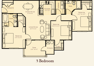 Floor plan for 3 beds, 2 baths, 1283 sqft